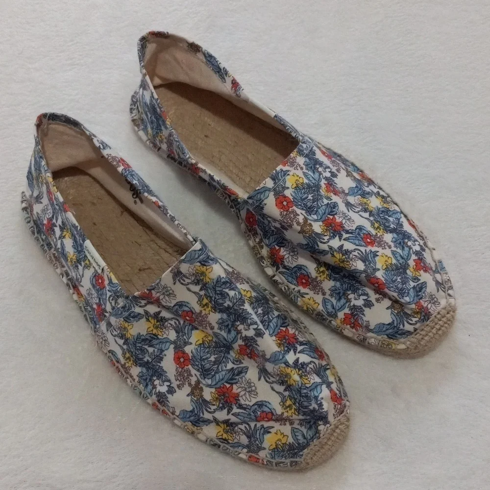 Soludos Floral Espadrille Flats Size 10.5 Canvas Jute Slip On Shoes